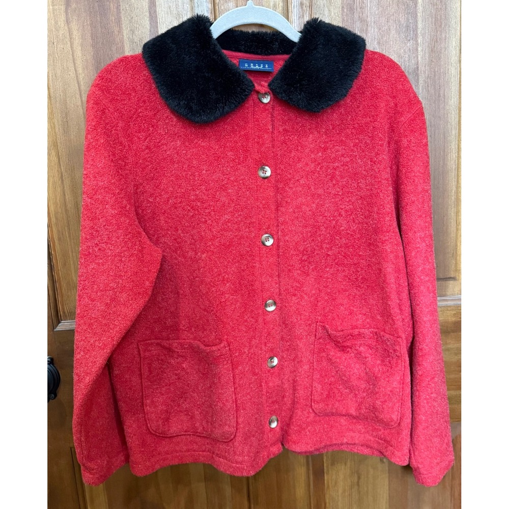 Crazy Horse‎ by Liz Claiborne Red Fleece Button Jacket Black Faux Fur Collar  L